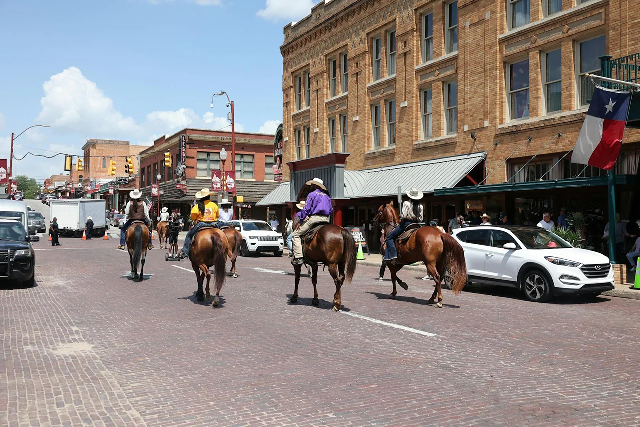 Fort worth people riding horses on the road